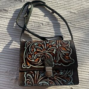 Tooled Leather Crossbody | Brown & Turquoise Embossed Floral | Vintage Style